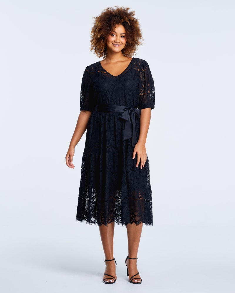 Front of a model wearing a size 1X Lakeside Dress in Black by Estelle. | dia_product_style_image_id:249862